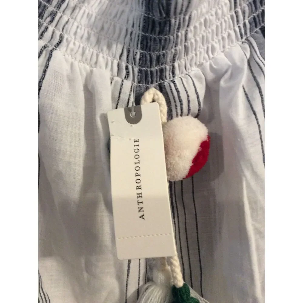 New NWT ANTHROPOLOGIE LILKA TOP PLAYA POM POM OFF SHOULDER BELL STRIPE  L Large